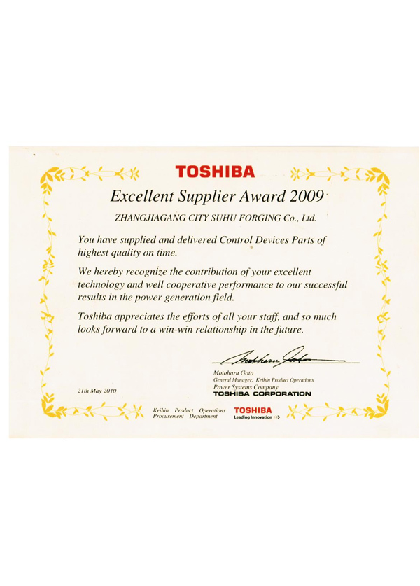 Certificate of Excellent Supplier for Toshiba Forgings